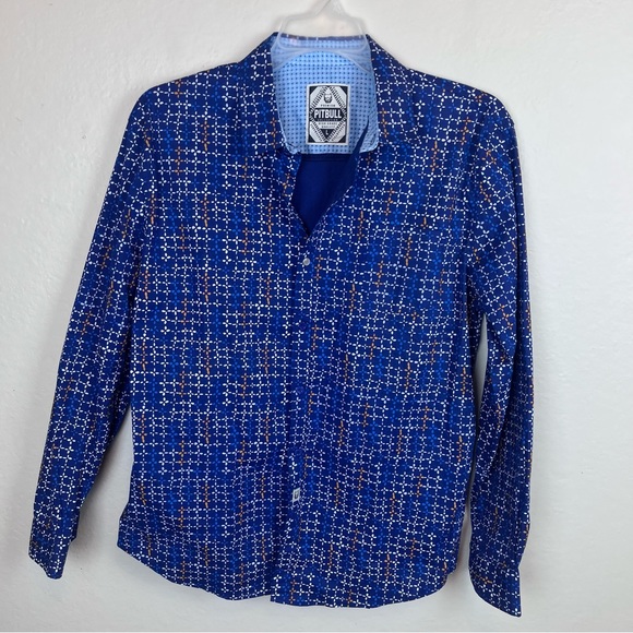 Pitbull brand casual button front shirt-blue with geo-print-Men’s Large - Picture 2 of 12